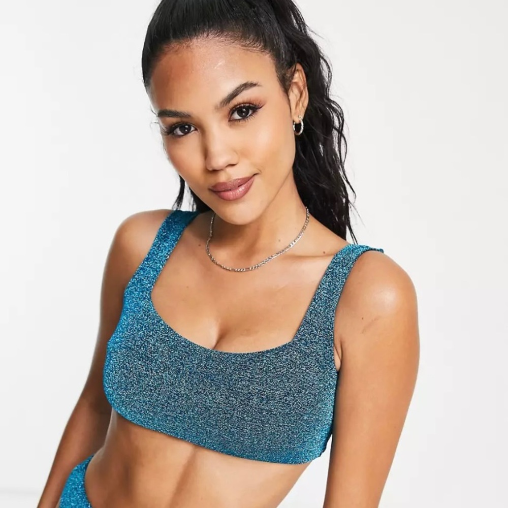 ASOS DESIGN Fuller Bust mix and match supportive crop bikini top in blue glitter